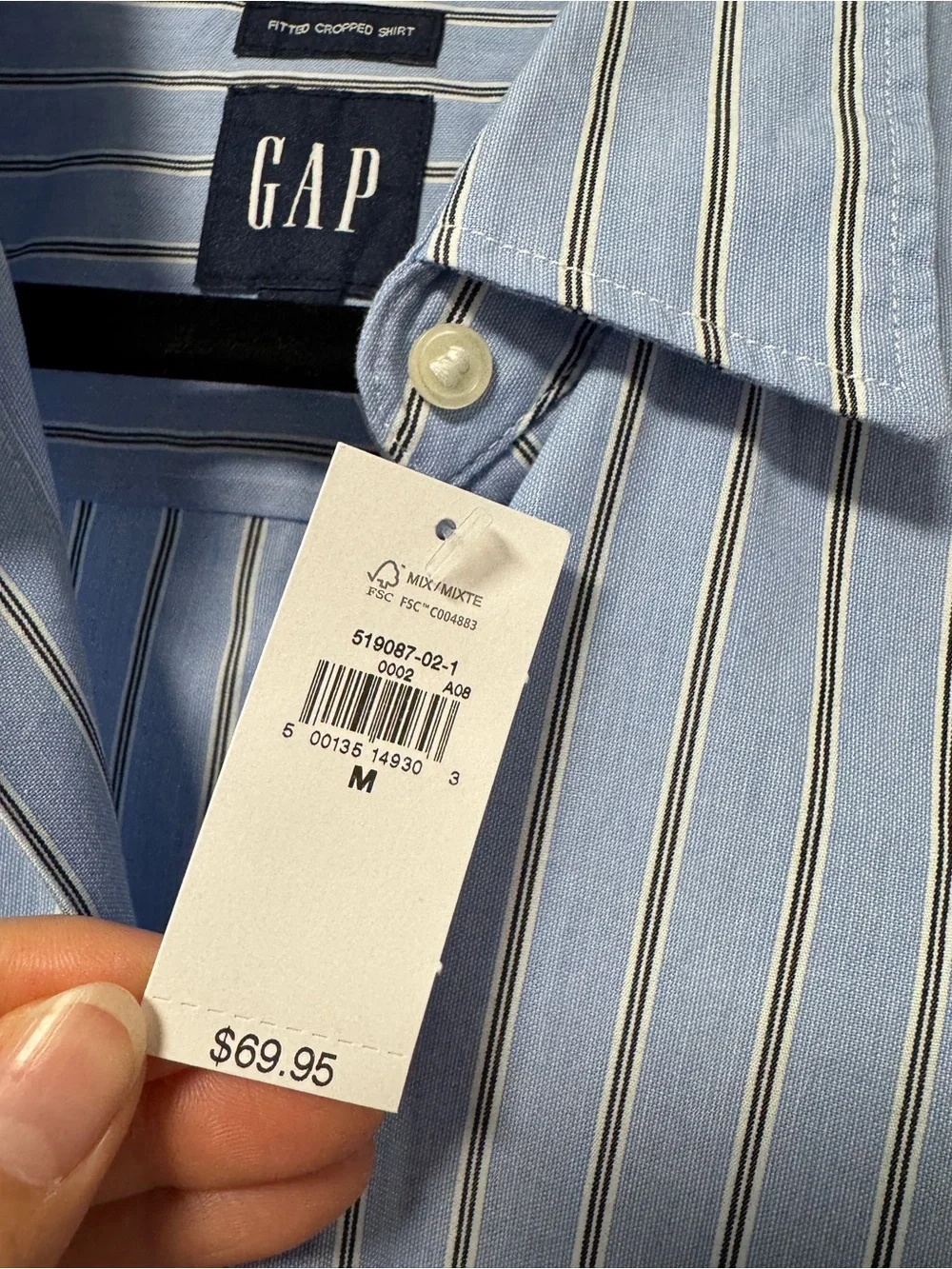 NEW with tags Gap Women's  Cotton Fitted Crop Blue Shirt Black White Stripe M - Picture 8 of 9